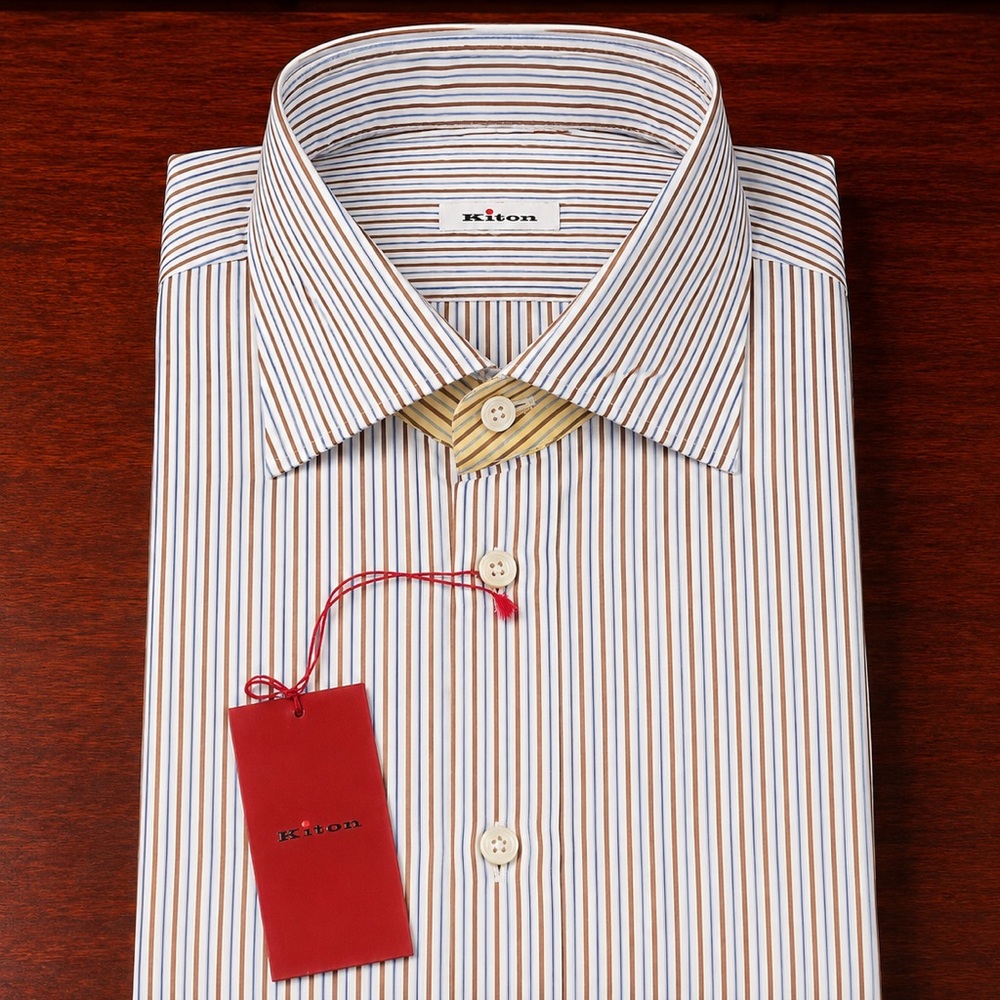 Kiton White Dress Shirt with Brown and Blue Pinstripes